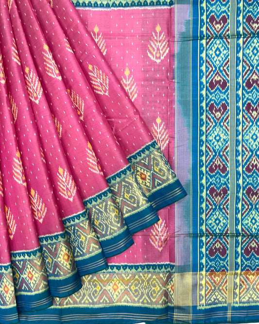 Sky Blue & Pink Fancy Leaves Patola Saree