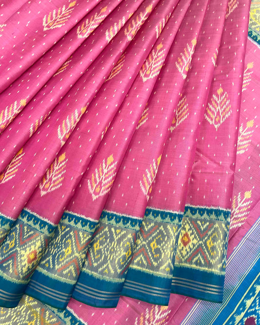 Sky Blue & Pink Fancy Leaves Patola Saree