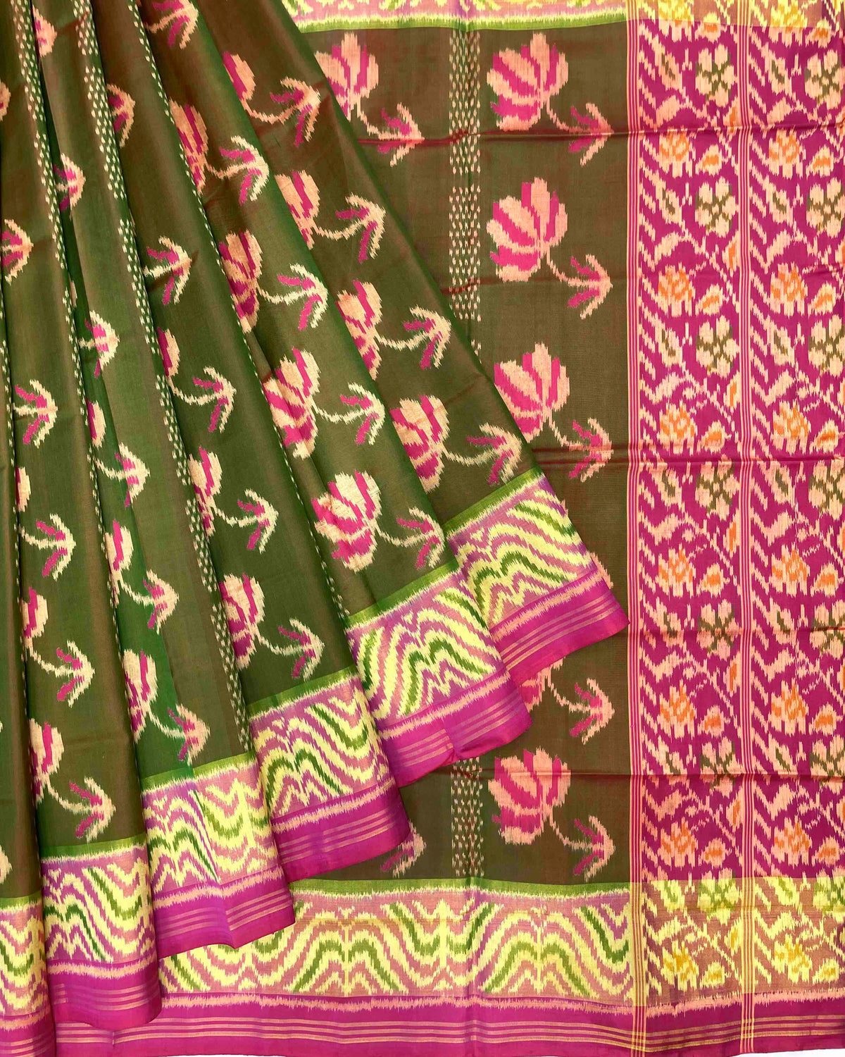 Pink & Mahendi Green Fancy Flower Patola Saree