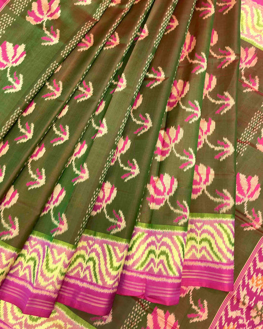 Pink & Mahendi Green Fancy Flower Patola Saree