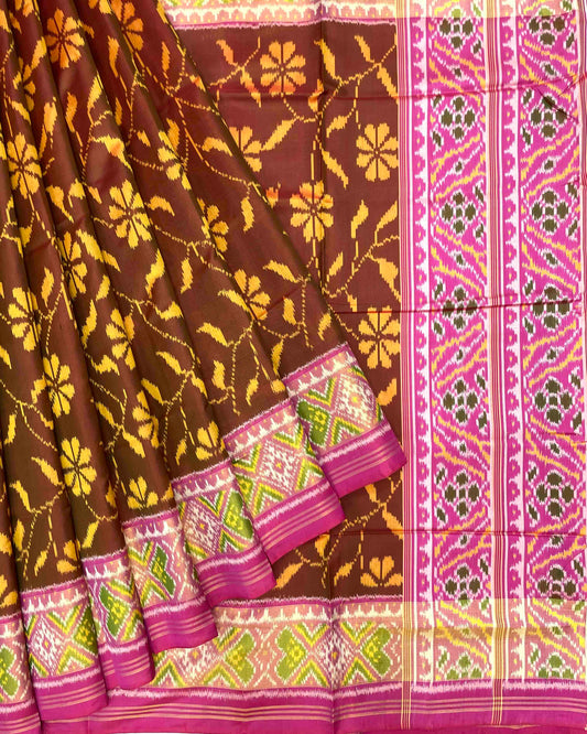 Pink & Rust Brown Fancy Flower Patola Saree