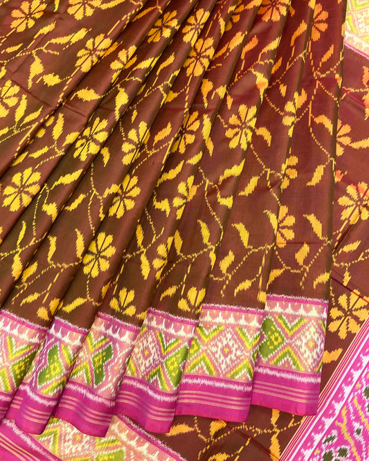 Pink & Rust Brown Fancy Flower Patola Saree