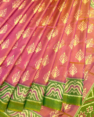 Parrot Green & Peack Pink Fancy Leaves Patola Saree