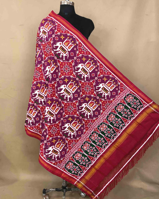 Red & Purple Big Figure Elephant Chhabdi Patola Dupatta