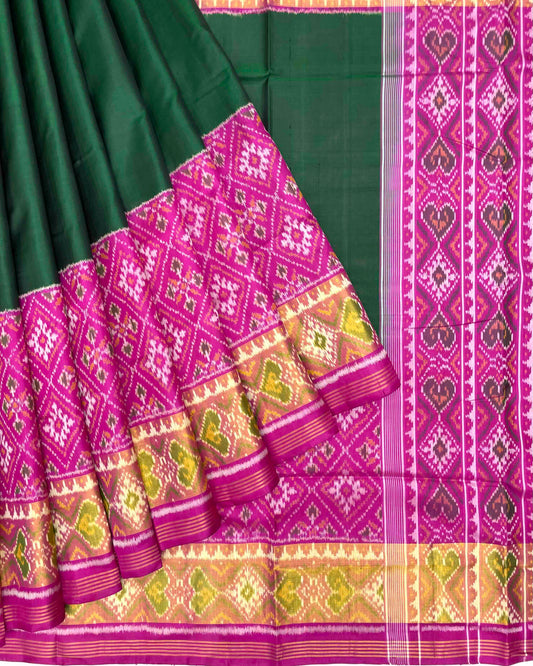 Pink & Green Plain with Panchanda Scut Border Patola Saree