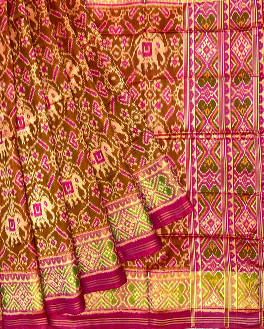 Pink & Rust Manekchowk Elephant Patola Saree