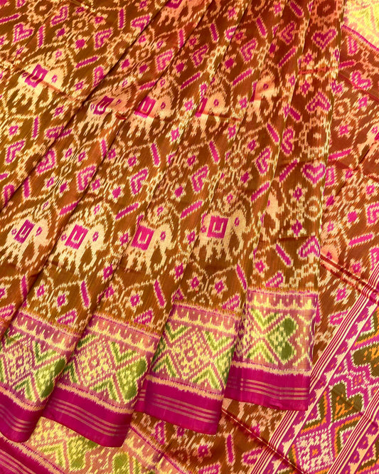 Pink & Rust Manekchowk Elephant Patola Saree