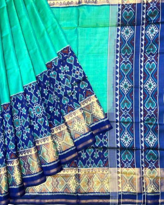 Blue & Sea Green Plain Manekchowk Navratan Mix Scut Border Patola Saree