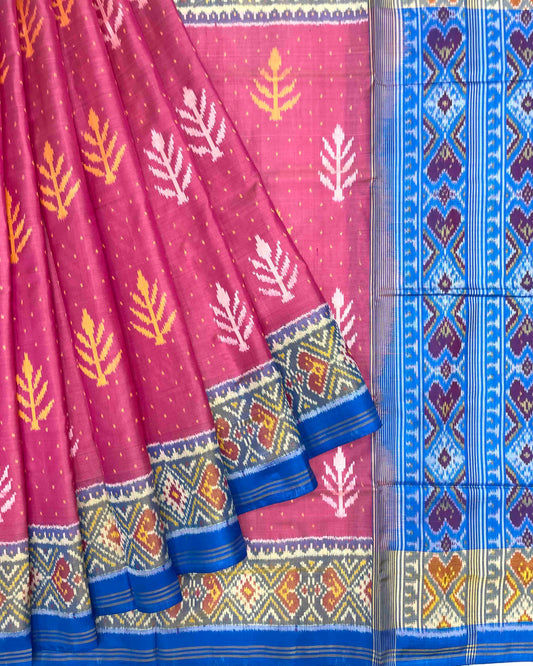 Sky Blue & Light Pink Fancy Leaves Patola Saree