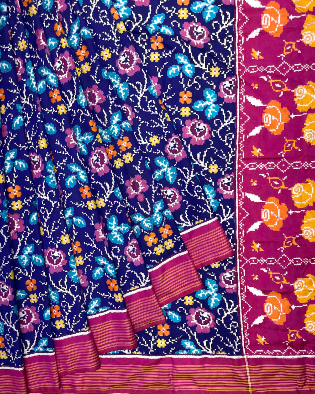 Pink & Blue Fancy Flower Patola Saree