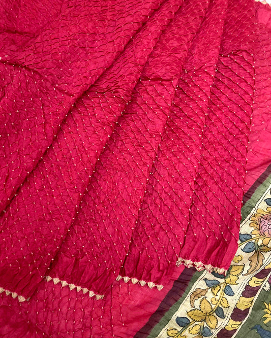 Red Munga Silk Pen Kamalkari Bandhani Saree