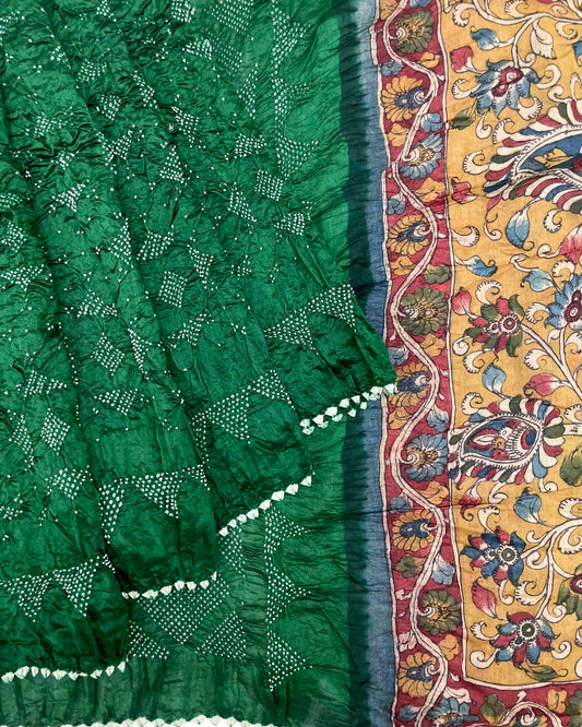 Green Munga Silk Pen Kamalkari Bandhani Saree