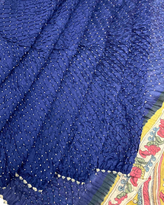 Blue Munga Silk Pen Kamalkari Bandhani Saree