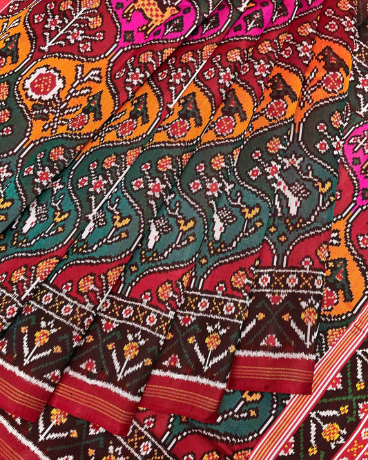 Red & Multicolour Deer Flower Twill Patola Saree