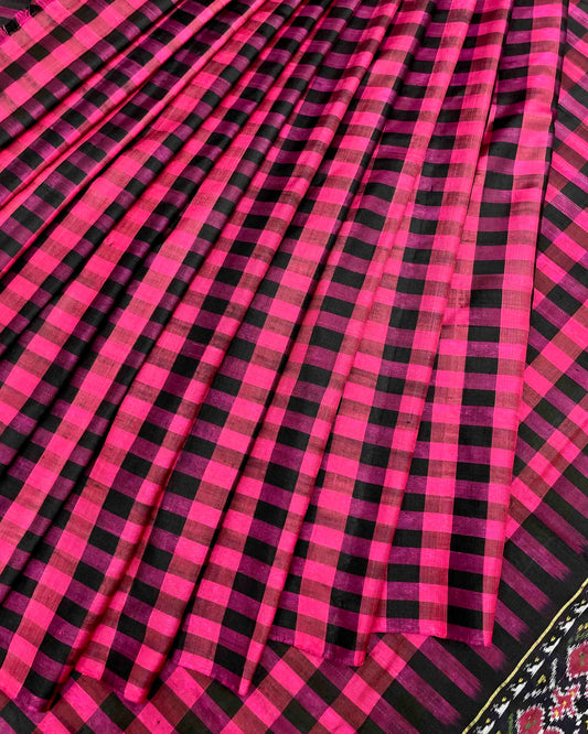 Black & Pink Chex Design Patola Saree