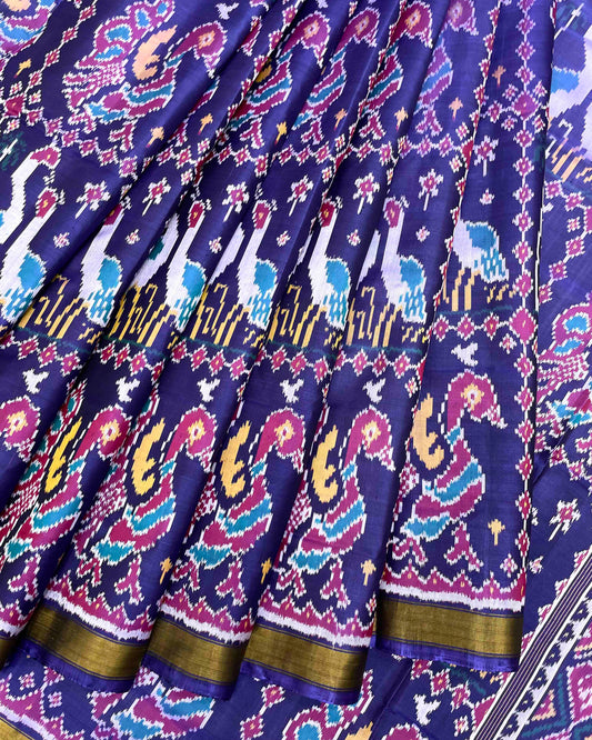 Navy Blue Swan Peacock Design Patola Saree