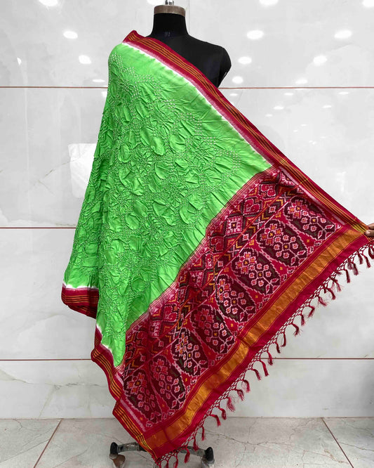 Red & Light Green with Flower Pallu Bandhani Dupatta