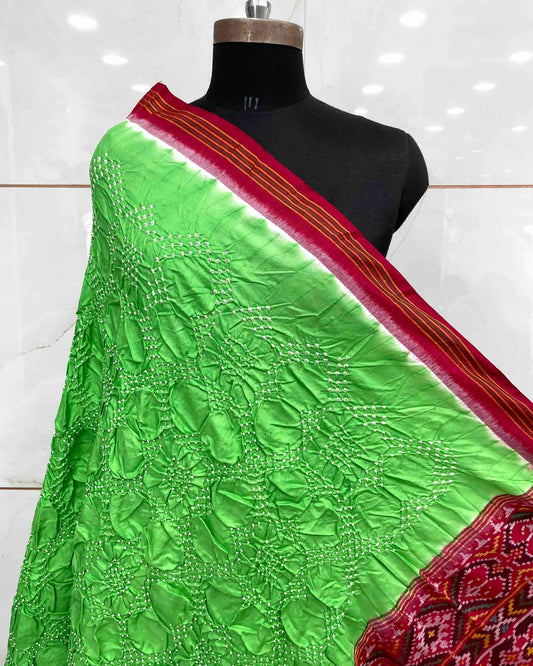 Red & Light Green with Flower Pallu Bandhani Dupatta