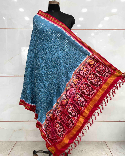 Red & Bluish Grey with Flower Pallu Bandhani Patola Dupatta