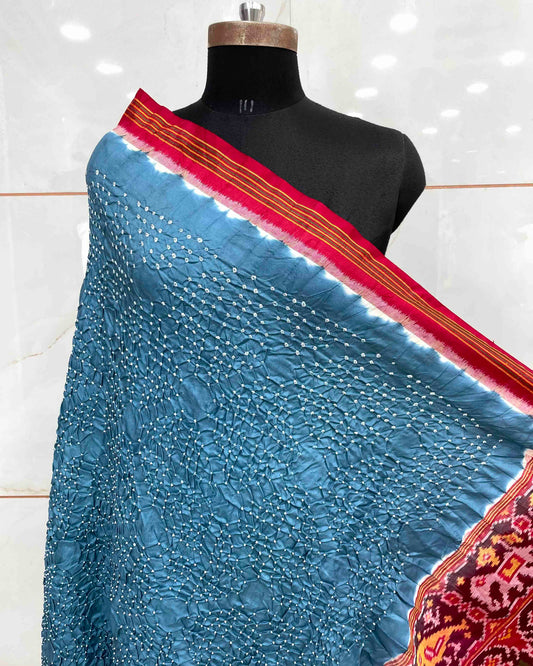 Red & Bluish Grey with Flower Pallu Bandhani Patola Dupatta