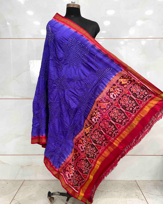 Red & Purplish Blue with Flower Pallu Bandhani Patola Dupatta