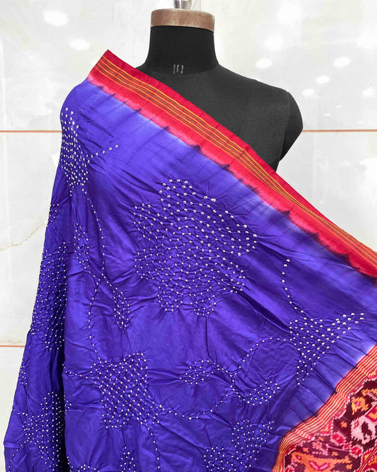 Red & Purplish Blue with Flower Pallu Bandhani Patola Dupatta