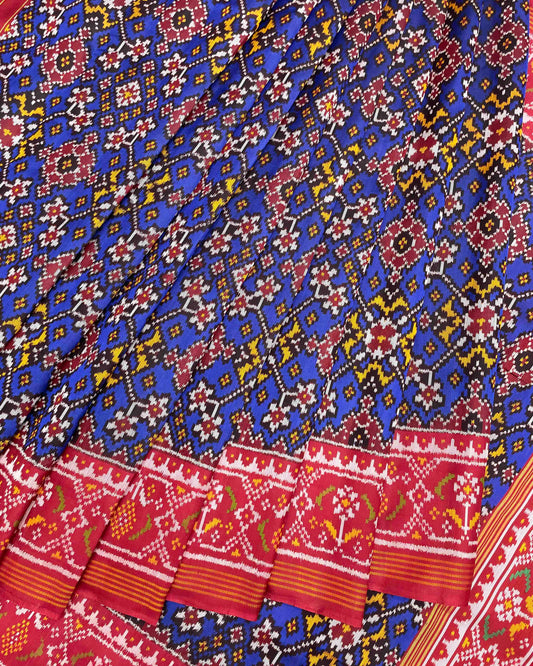 Red & Blue Navratan Twill Patola Saree