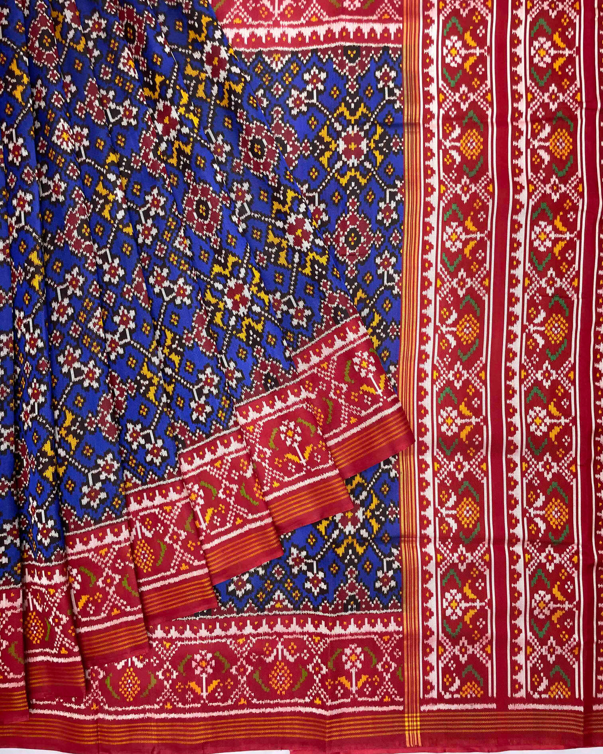 Red & Blue Navratan Twill Patola Saree