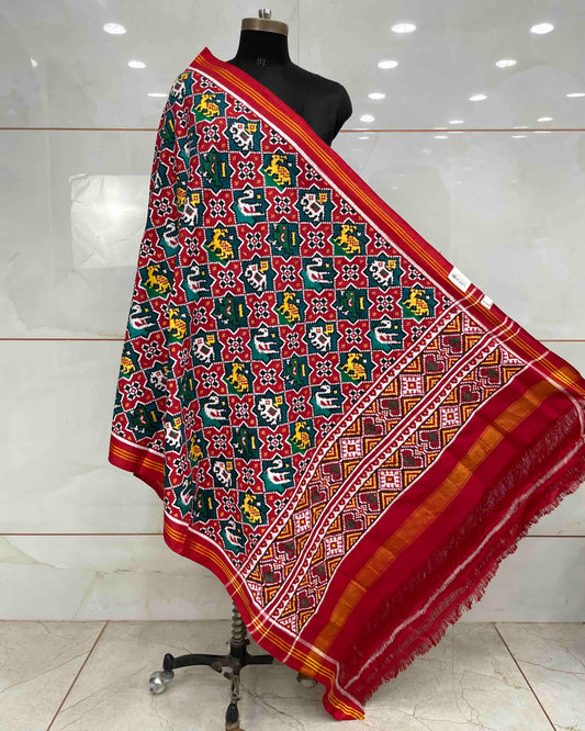 Red & Turquoise Small Star Narikunj Patola Dupatta