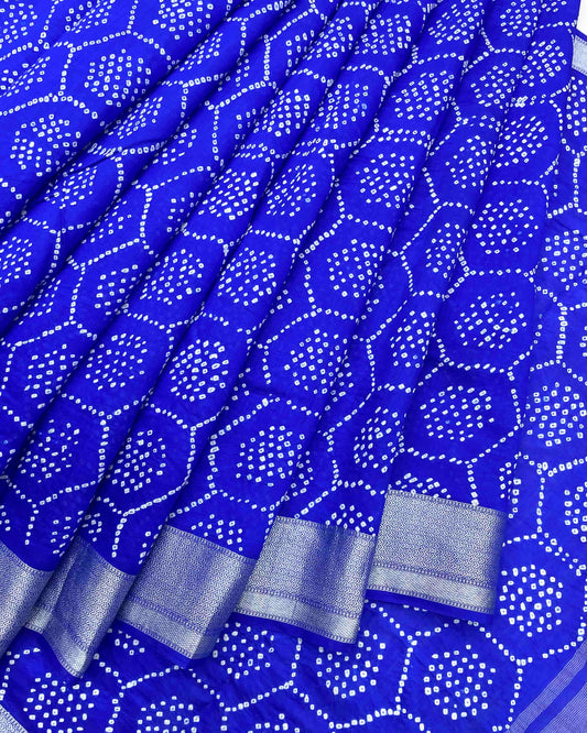 Blue with Silver Border Bandhani Saree