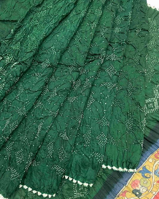 Green Munga Silk Pen Kamalkari Bandhani Saree