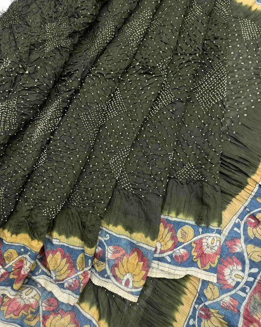 Mehendi Green Munga Silk Pen Kamalkari Bandhani Saree