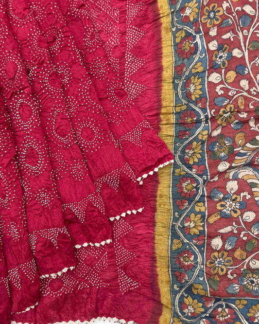 Red Munga Silk Pen Kamalkari Bandhani Saree