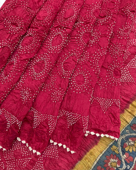 Red Munga Silk Pen Kamalkari Bandhani Saree