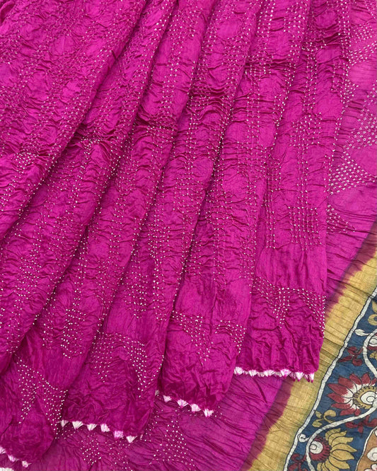 Pink Munga Silk Pen Kamalkari Bandhani Saree