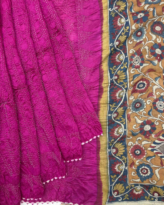 Pink Munga Silk Pen Kamalkari Bandhani Saree