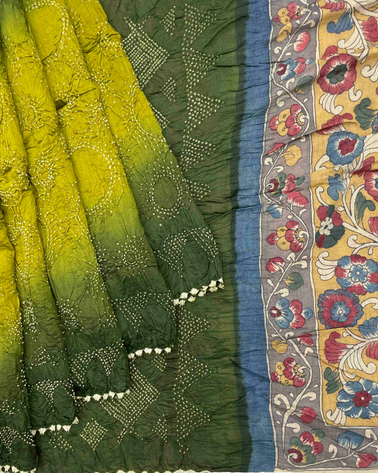 Mehendi & Light Green Munga Silk Pen Kamalkari Bandhani Saree