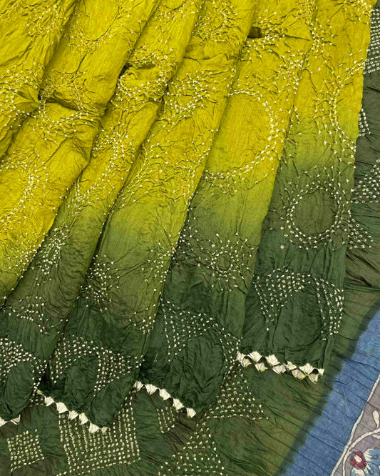 Mehendi & Light Green Munga Silk Pen Kamalkari Bandhani Saree