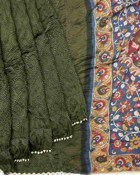 Mehendi Green Munga Silk Pen Kamalkari Bandhani Saree