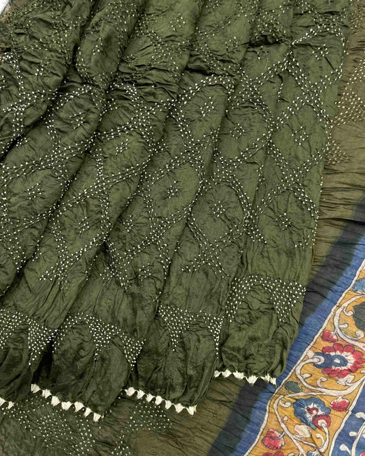 Mehendi Green Munga Silk Pen Kamalkari Bandhani Saree