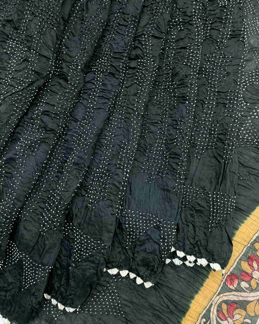 Black Munga Silk Pen Kamalkari Bandhani Saree