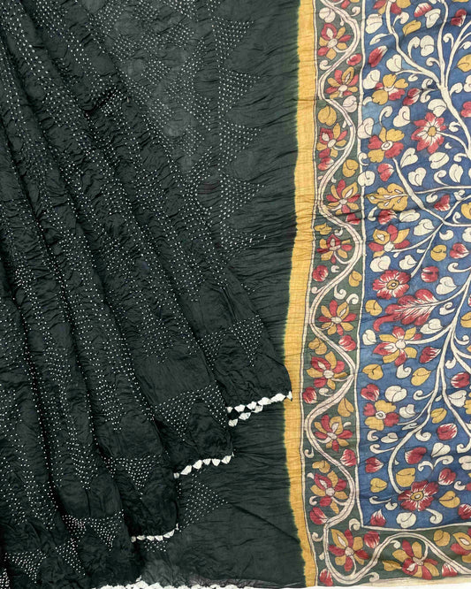 Black Munga Silk Pen Kamalkari Bandhani Saree