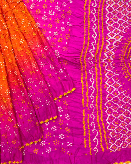 Pink & Orage Gajji Silk Bandhani Saree