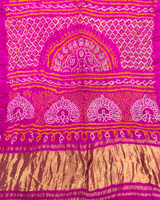 Pink & Orage Gajji Silk Bandhani Saree