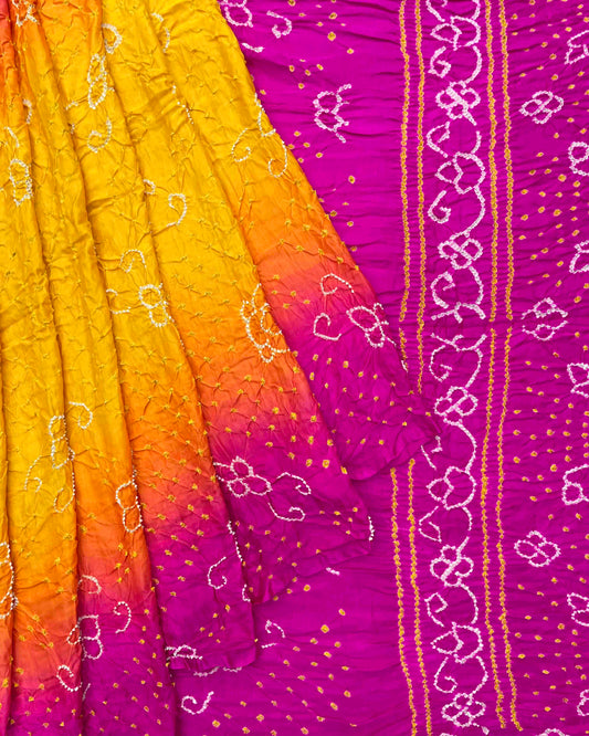 Pink & Yellow Shaded Gajji Silk Bandhani Saree