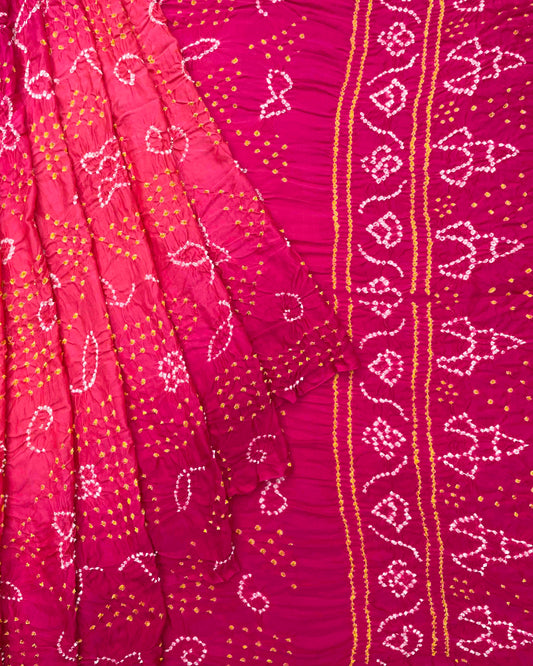 Pink & Peach Shaded Gajji Silk Bandhani Saree