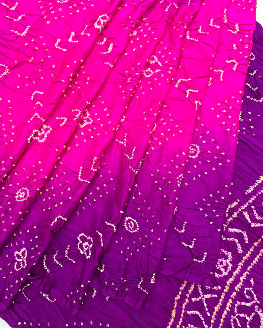 Purple & Pink Shaded Gajji Silk Bandhani Saree