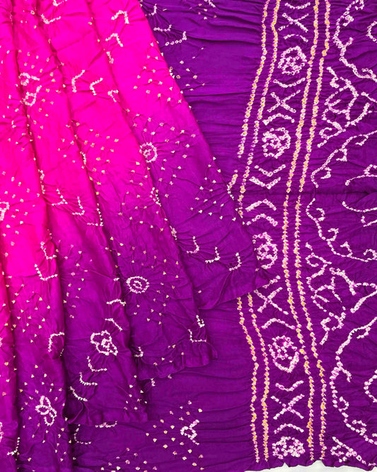 Purple & Pink Shaded Gajji Silk Bandhani Saree