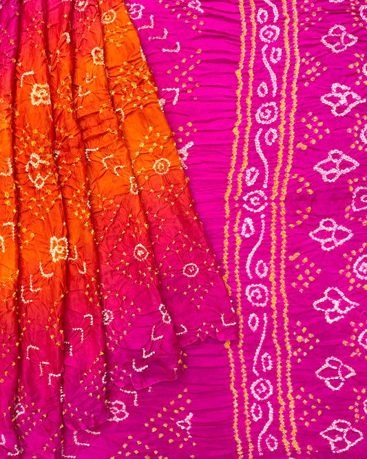 Pink & Orage Shaded Gajji Silk Bandhani Saree