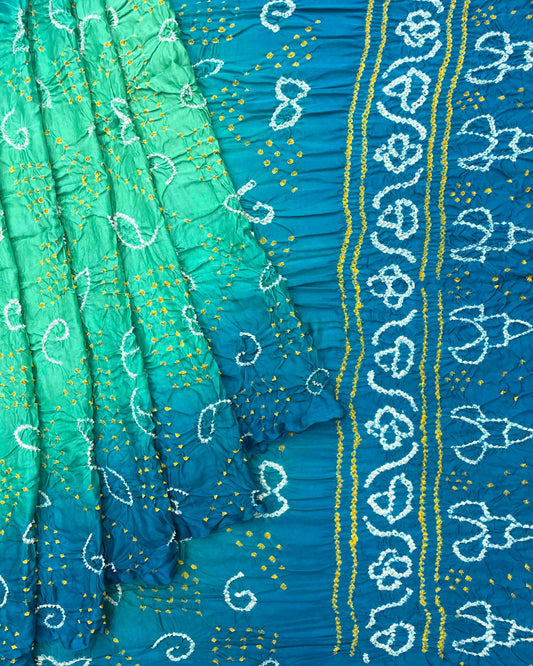 Sky Blue & Sea Green Shaded Gajji Silk Bandhani Saree